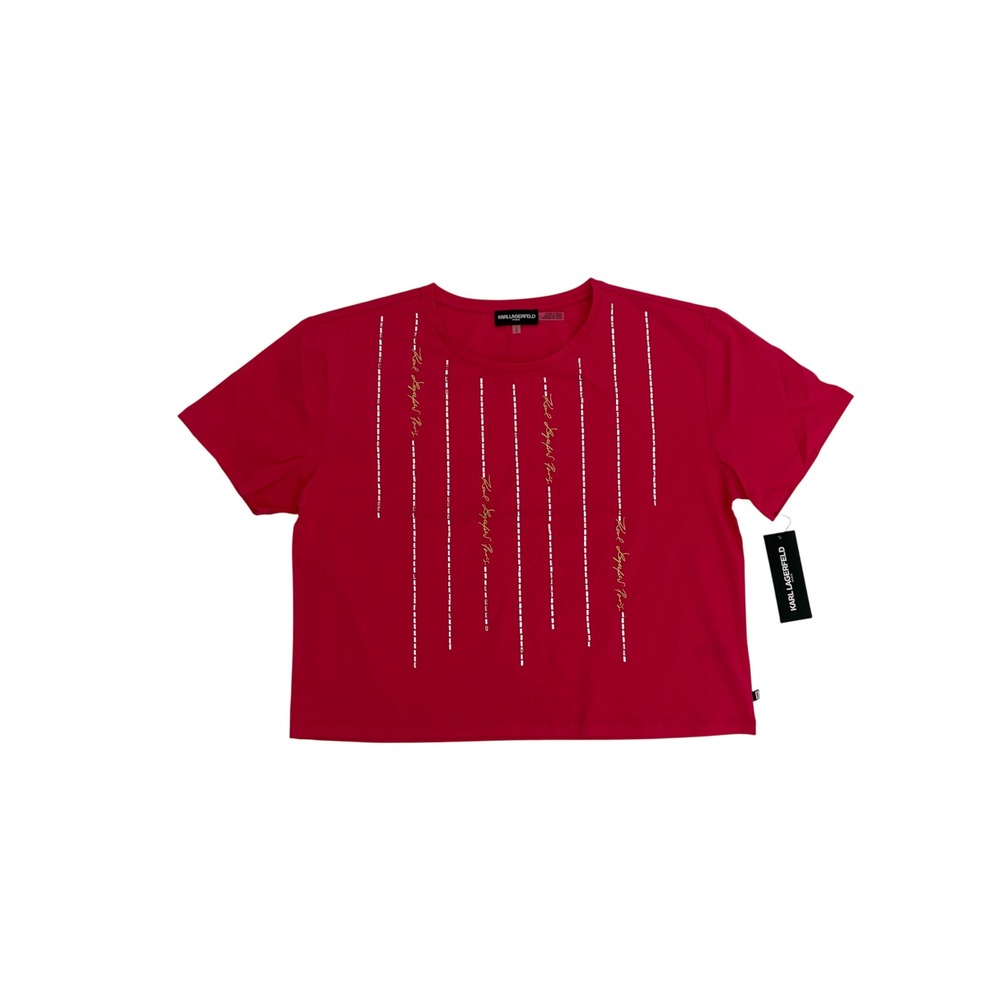 Karl Lagerfeld Paris 90s Y2K Fuchsia Pink Studded Barbie Crop Top Large